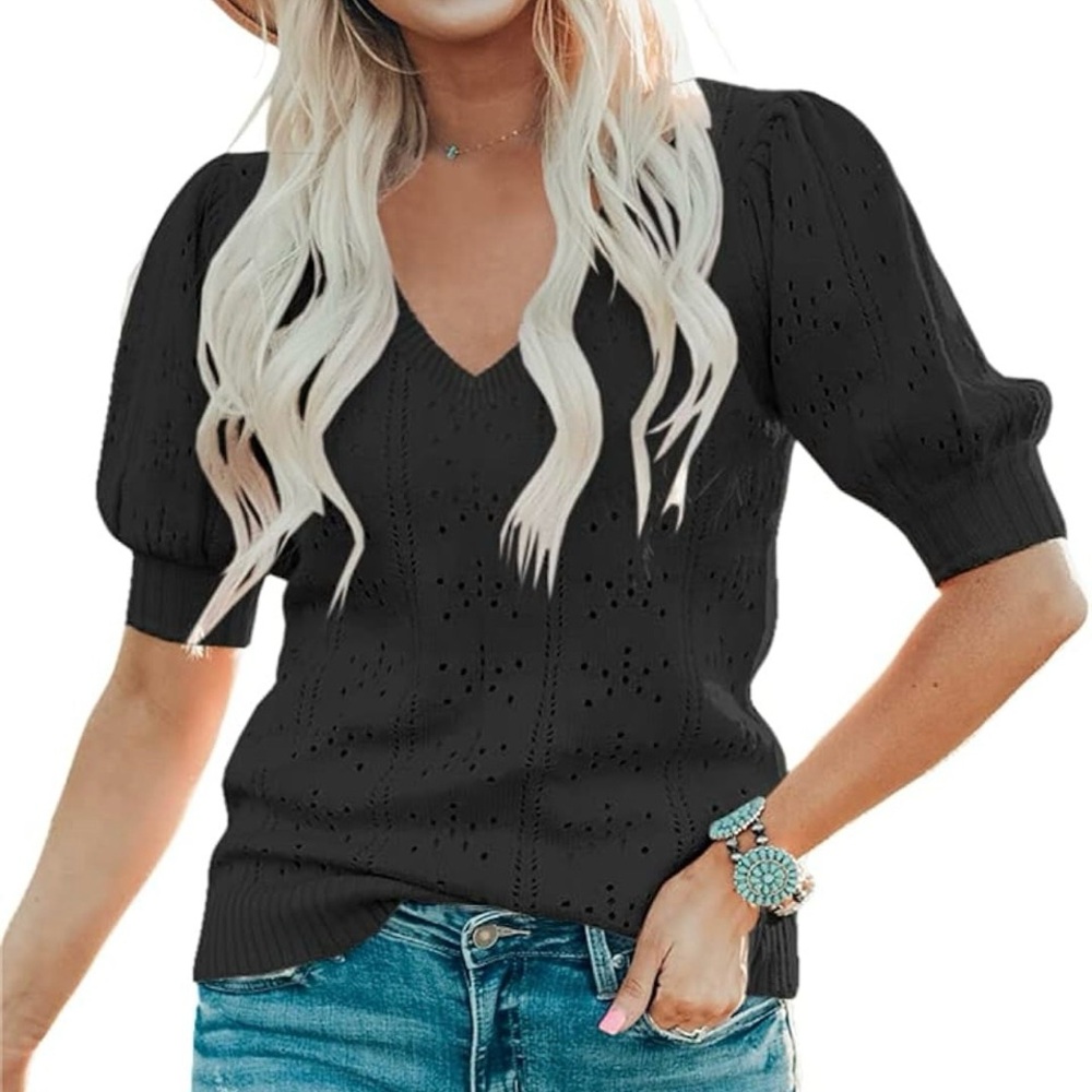 Foshow Black Pointelle Open-Knit Dot Puff Short Sleeve V-Neck Sweater Womens XL